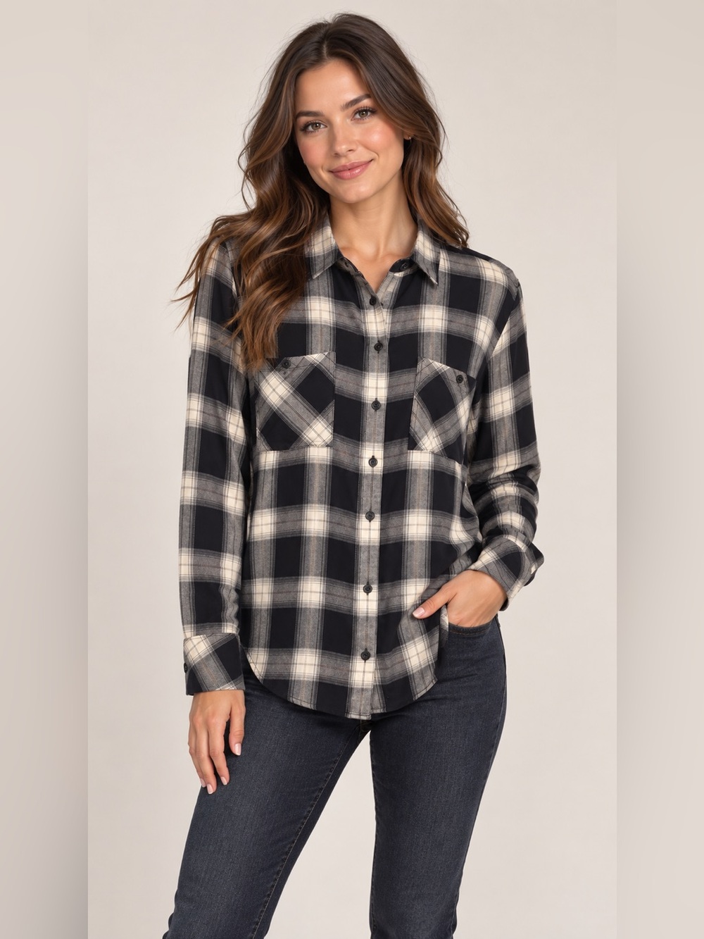 Sanctuary Black & Cream Plaid Button-Front Shirt M (estimated)